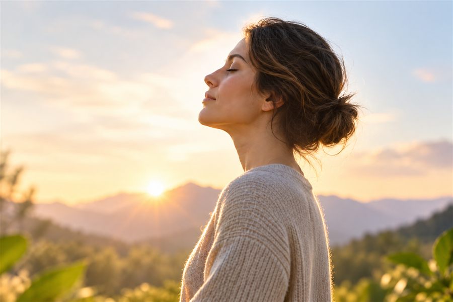 Mujer respirando tranquila al aire libre, en conexión con sus emociones